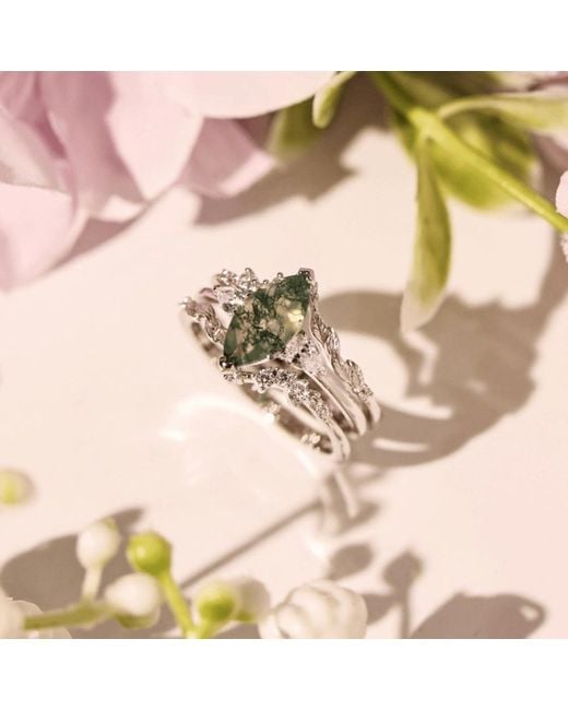 Azura Jewelry New York White Sonoran Sunrise Moss Agate Vermeil Ring Set