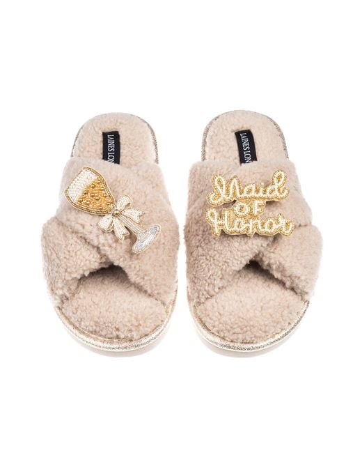 Laines London Natural Neutrals Laines Neutral Boucle Slippers With Maid Of Honor Brooches