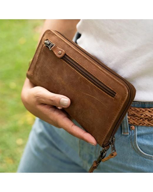 Hides Leather Co. Brown Handmade Leather Zip Wallet, Iridescent Midi Travel Organizer