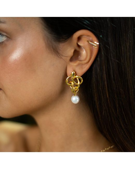 Ebru Jewelry Metallic Golden Medusa Pearl Statement Earrings