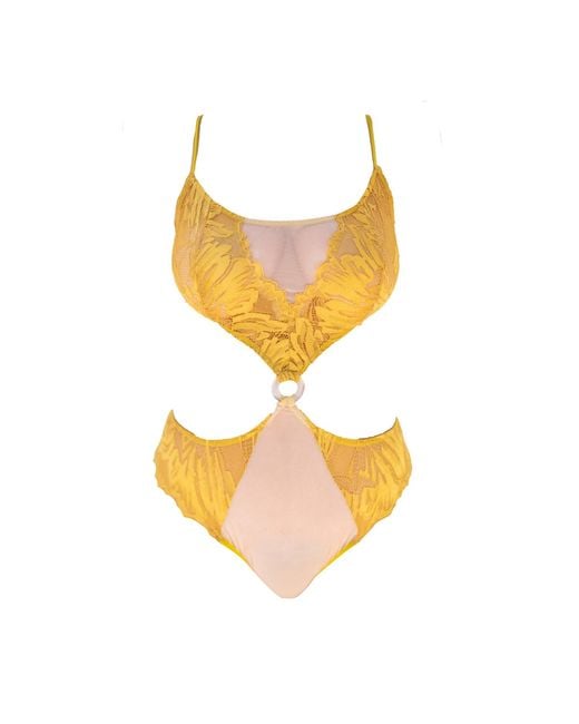 Carol Coelho Yellow Sun Coral Lace & Stretch Tulle Bodysuit With Cut Outs & Mother Of Pearl Ring