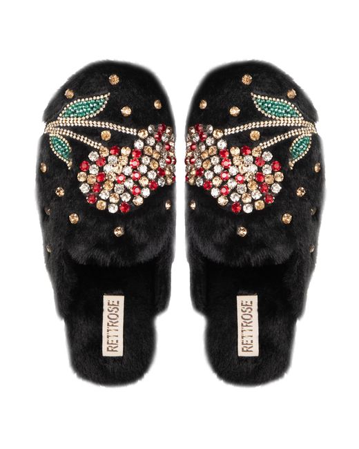 Rettrose Black Georgie Luxury Plush Diamanté Embellished Handmade Slipper