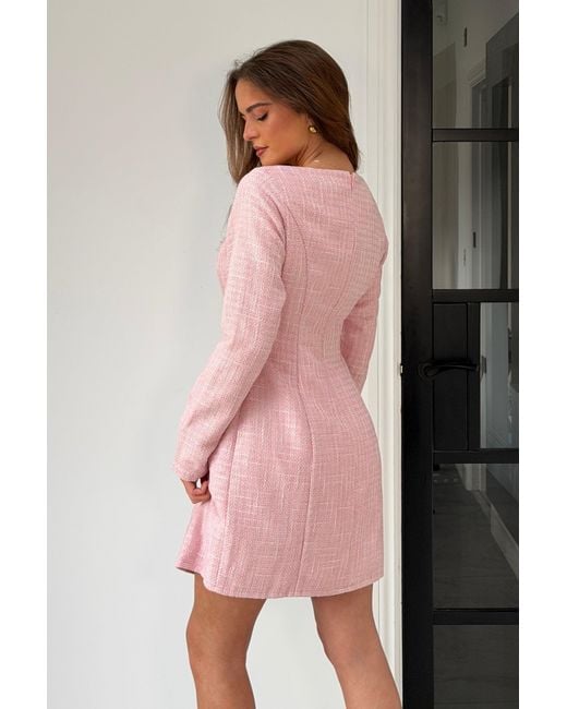 Girl In Mind Pink Flora Long Sleeve Tweed Mini Dress