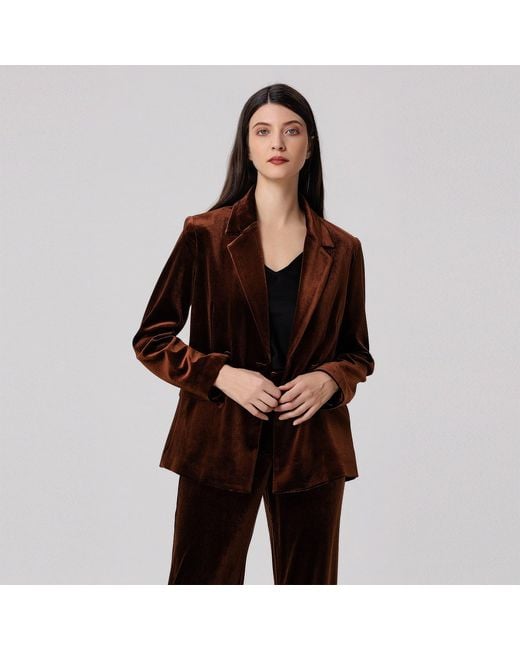 Smart and Joy Brown Double Breasted Velvet Suit Blazer