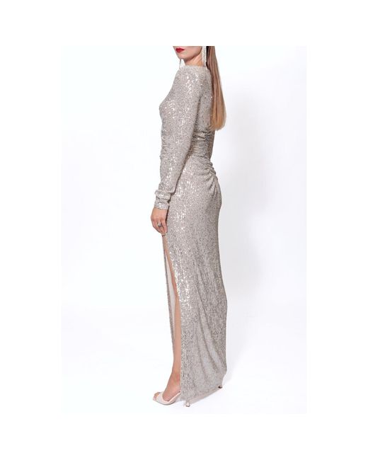 AGGI by HALEWSKI Gray Neutrals Scarlet Champagne Sequined Maxi Dress With Long Sleeves