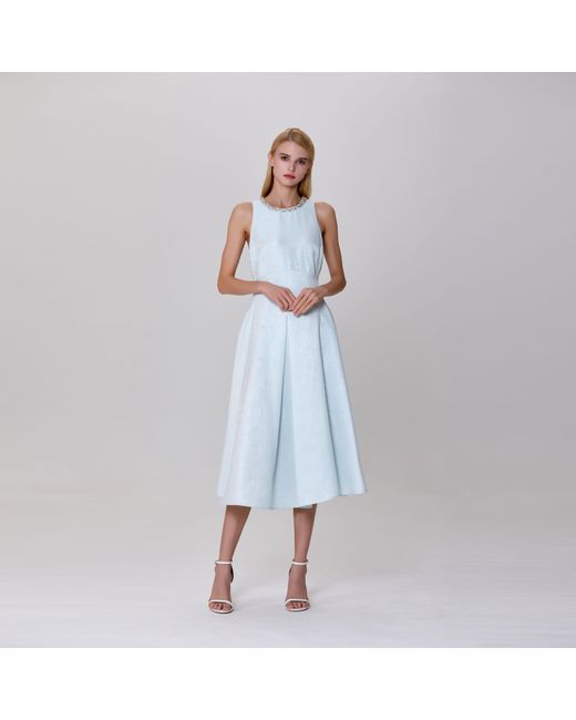 Smart and Joy Blue Fit-And-Flare Collar Trim Textured Jacquard Dress