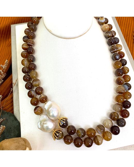 Farra Metallic Agate With Baroque Pearls Double Layers Necklace