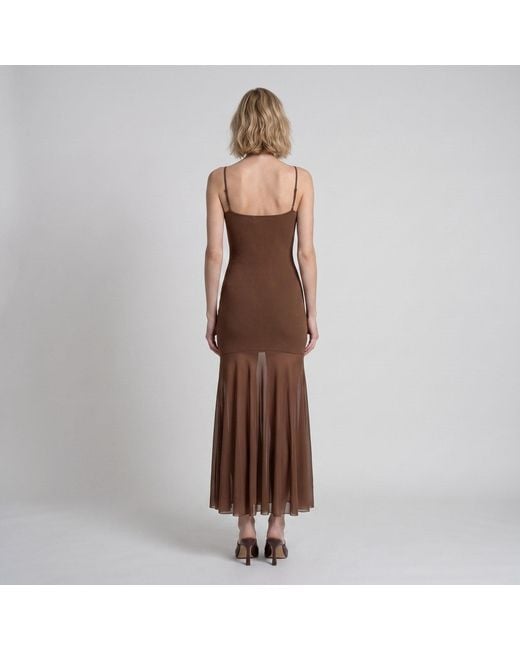 Modenaire Brown Sheer Mesh Maxi Dress With Spaghetti Straps