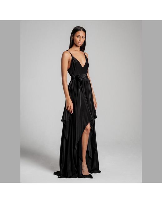Imaatu Black Pure Silk Heroine Silk Dress Asymmetrical Luxury Maxi Tie Carpet Gown