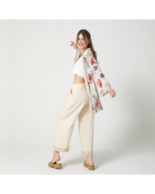 Lalipop Design Natural Neutrals Sequin-Embellished Hem Detailed Cropped Linen Pants