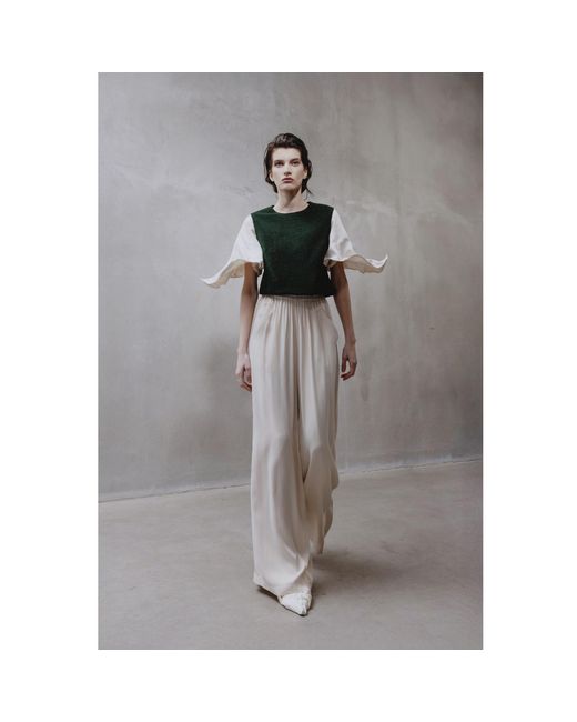 Julia Allert Green Lurex Knit Top With Adjustable Satin Sleeves