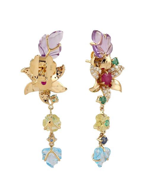 Artisan Multicolor Carving Multi Gemstone 18k Gold Natural Diamond Beautiful Flower Dangle Earrings