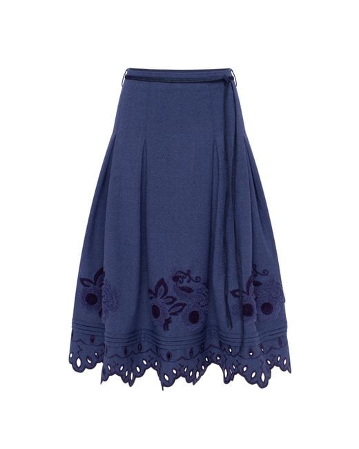Annabo Blue Midnight Mirage Embroidered Wool Midi Skirt