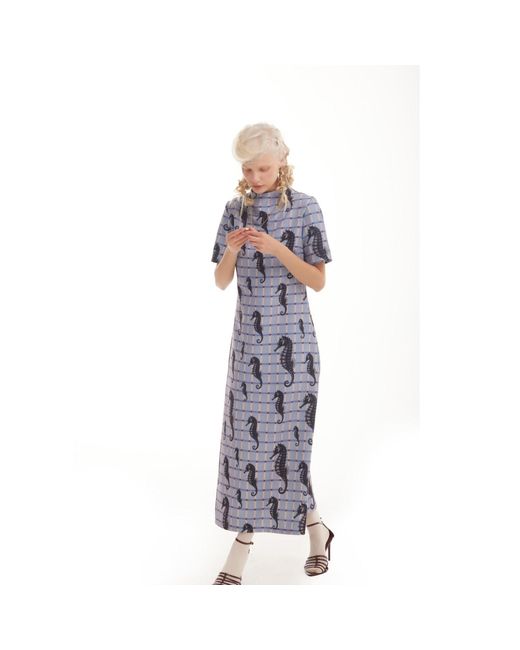 Julia Allert Gray Neutrals Pale Seahorse Grid Print Fluid A-Line Dress – Capsule Edition