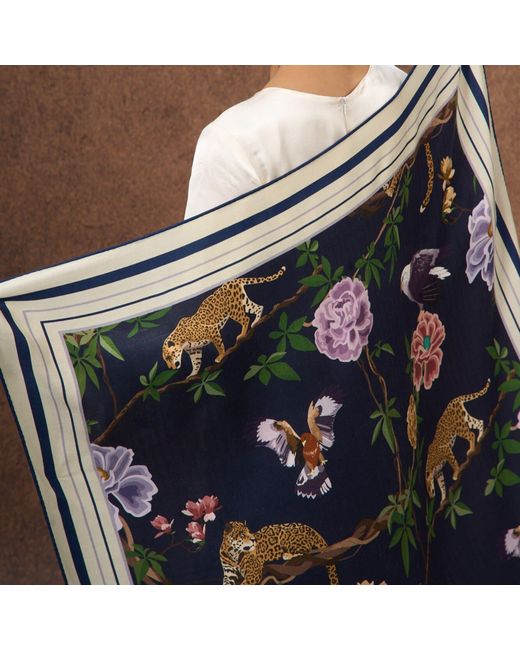 Silk and Bears Blue Midnight Safari Wool Silk Scarf – Animal Print Wrap, Hand-Rolled Hem, Winter Gift