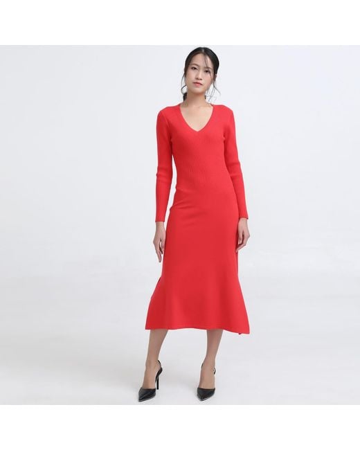 Smart and Joy Red Slim V-Neck Sweater Midi Dress