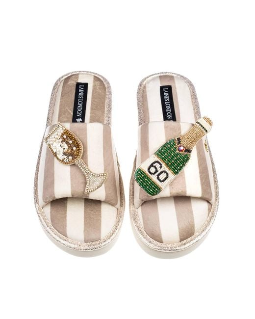 Laines London White Neutrals Flatform Stripe Open Toe Slippers With Champagne 60Th Birthday Brooches
