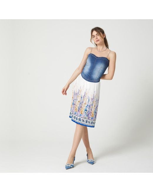 Lalipop Design Blue Floral-Print Pleated Recycled Fabric Knee-Length Skirt