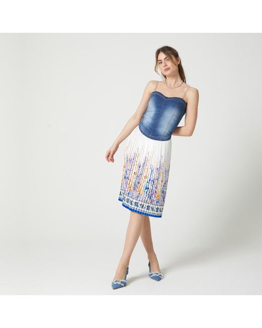 Lalipop Design Blue Floral-print Pleated Recycled Fabric Knee-length Skirt