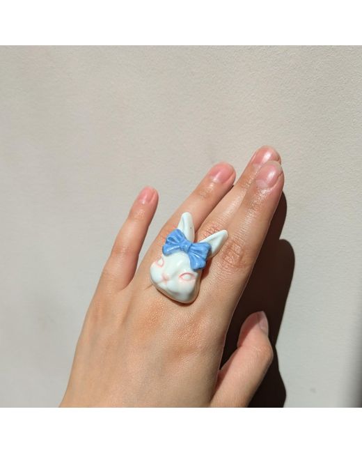 H2 Studio Blue Grumpy Bunny Bow Tie 14K Plated Brass Ring