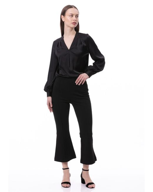 Carloslines Blue V-Neck Pleat Detail Balloon Long Sleeve Blouse