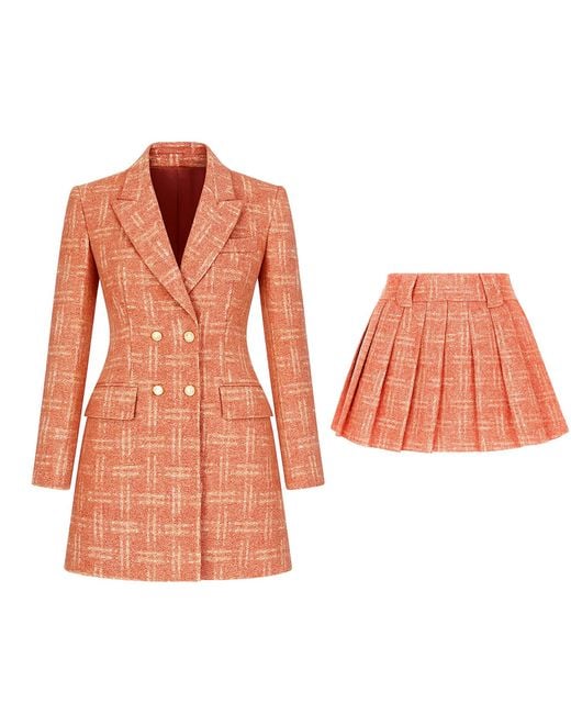 Richa Sharma Orange Neutrals Luxury Handcrafted Co-Ord Set – Double-Breasted Blazer And Pleated Mini Skirt