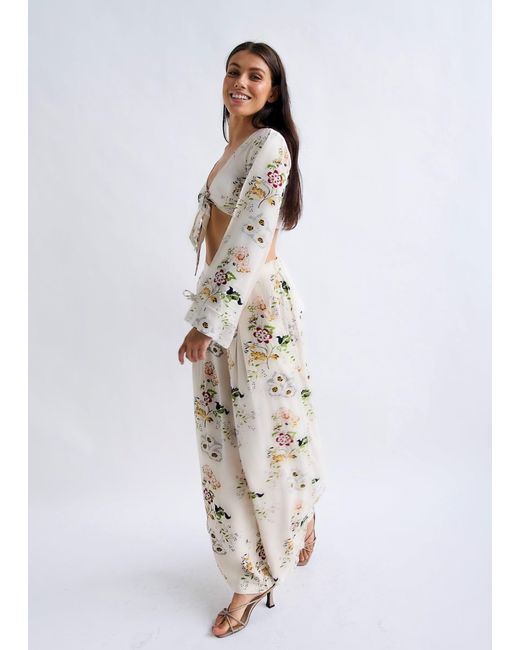 Why Mary Natural Vintage Floral Tie Top With Bell Sleeves