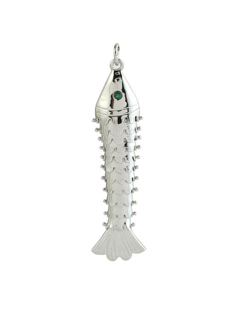 Artisan Metallic 14k White Gold With Bezel Set Emerald & Diamond Fish Design Charm Pendant