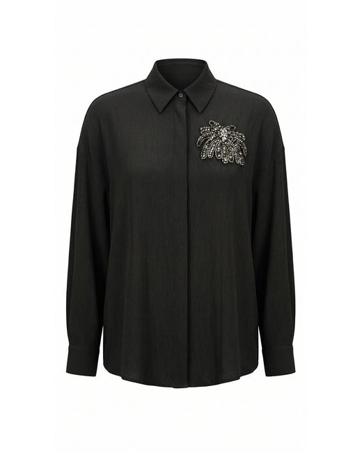 Exquise Black Collared Long Sleeve Embroidered Crinkle Shirt