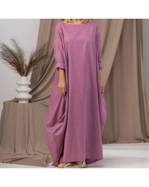 Nikka Place Pink Oversized Linen Maxi Dress With Belt And Bracelet Sleeves