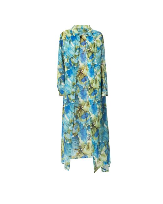 Haris Cotton Blue Printed Button Up Linen Dress With Split Hem Forest
