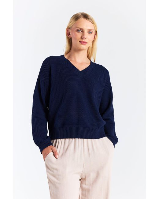 Brodie Cashmere Blue Rippled Stitch V Neck