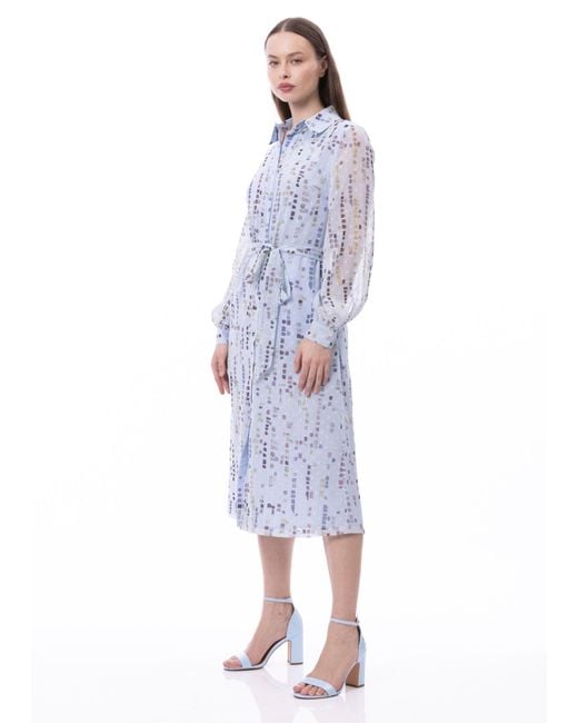 Carloslines Blue Button Down Shirt Dress With Illusion Puff Long Sleeve & Pockets