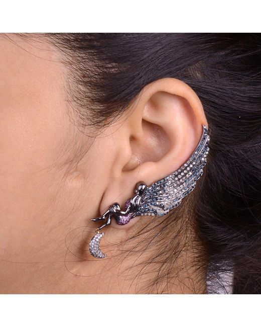 Artisan Multicolor Multi Sapphire & Diamond In 18k Gold Silver Mermaid Angel Wing Crescent Moon Cuff Earrings