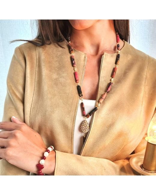 Farra Metallic Elegant Y-Shaped Rhodonite Necklace With Tassel Accents