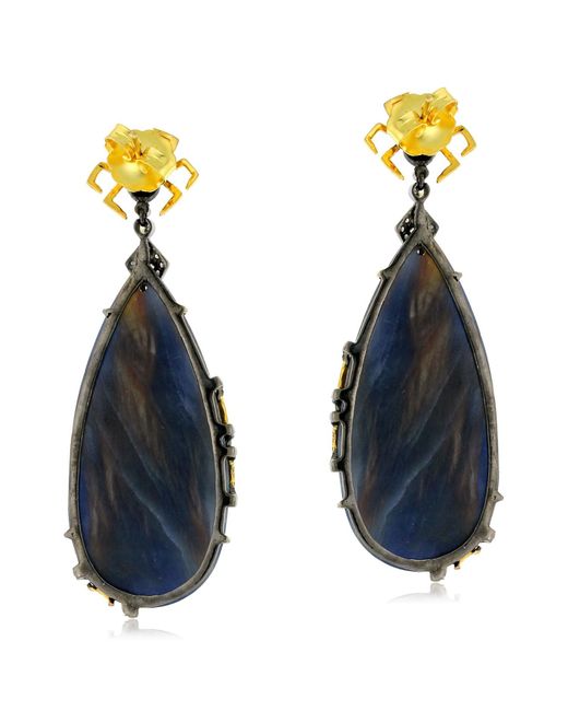 Artisan Blue Spider Web Design Sapphire Ruby Diamond Gold 925 Sterling Silver Dangle Earrings Jewelry
