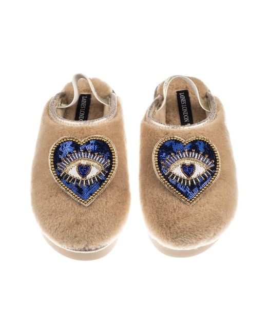 Laines London Blue Neutrals Flatform Cloud Closed Toe Slippers With Double Heart Eye Brooches