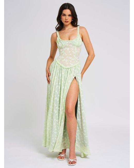 Miss Circle New York White Ulissa Light Square Neck Jacquard Textured High Slit Maxi Dress