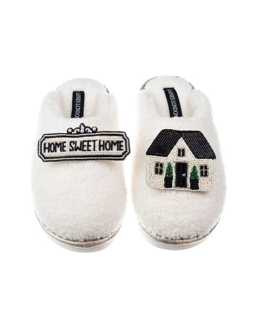 Laines London White Neutrals Teddy Closed Toe Slippers With Home Sweet Home Brooches