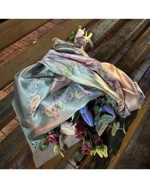 Ralufineart Pink Silk Satin Ravishing Peonies Scarf