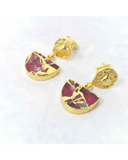 Harfi Metallic Hammered Ruby July Birthstone Plated Earrings