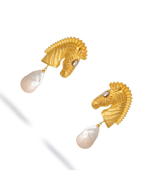 Ebru Jewelry Metallic Majestic Horse & Baroque Pearl Statement Earrings