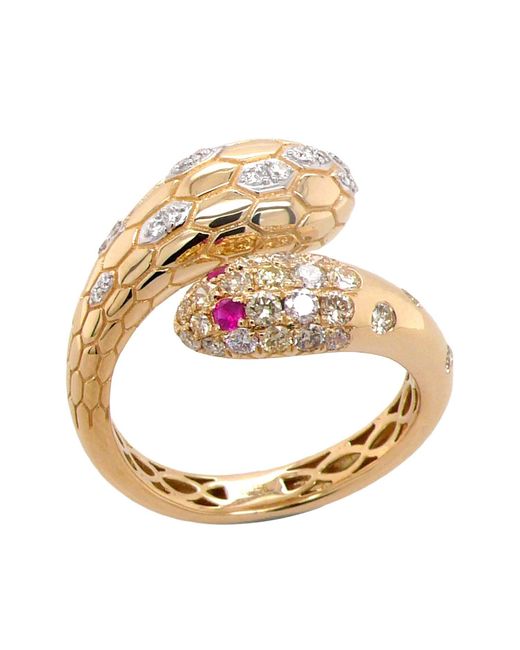 Artisan Metallic 18K Diamond Snake Bypass Ring With Ruby