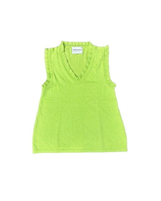 Lindsay Nicholas New York Green Frill V-Neck Shell