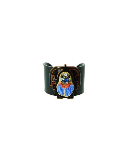 Gissa Bicalho Black Handmade Acrylic Bracelet Scarab Embroidered Topaz