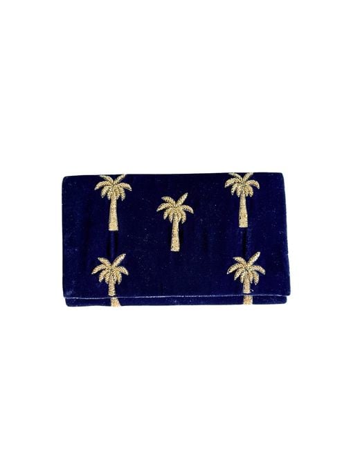 Pick Happy Blue Velvet Mini Clutch Bag With Beaded Palm Trees