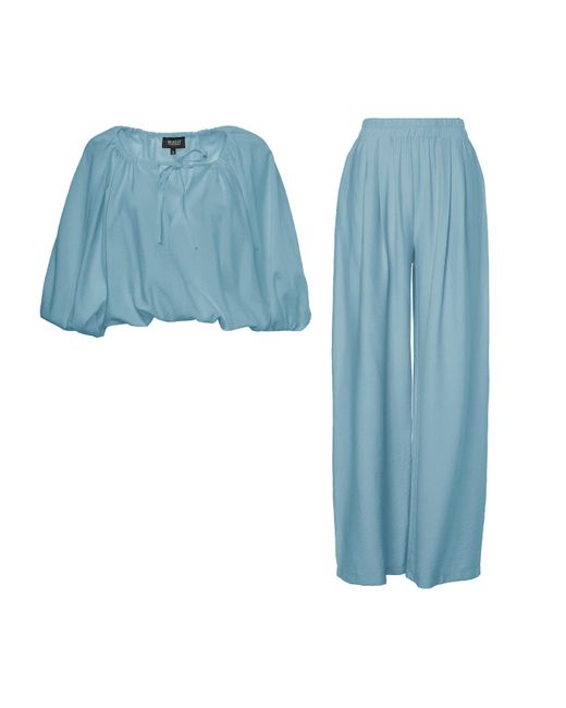 BLUZAT Blue Bleu Linen Matching Set With Flowy Blouse And Wide Leg Trousers