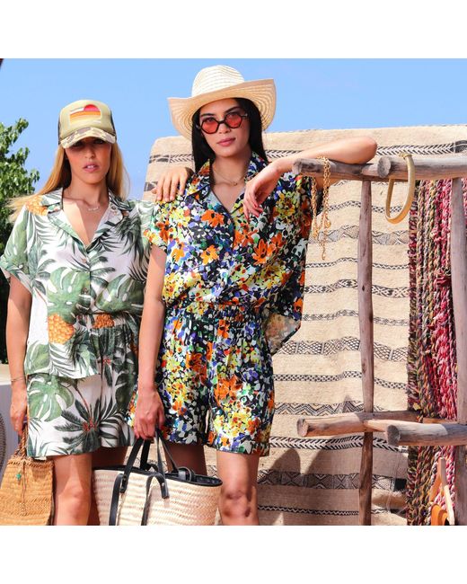L2R THE LABEL Green Leaves & Pineapple Print Linen Short-Sleeved Shirt