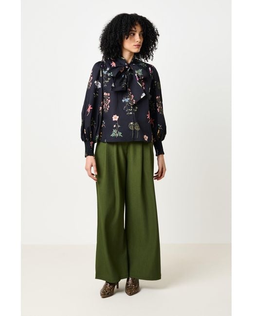 Louche Blue Aditi Flower Press Print Tie Neck Blouse