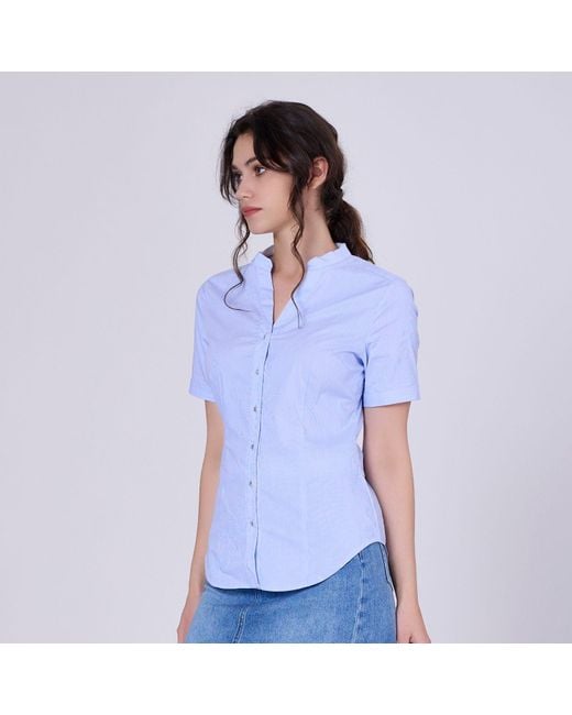Smart and Joy Blue Fitted V-Neck Short Sleeves Cotton Shirt